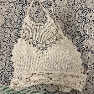 Zara Trafuluc Crochet Halter Top - Boho Cream Scalloped Knit